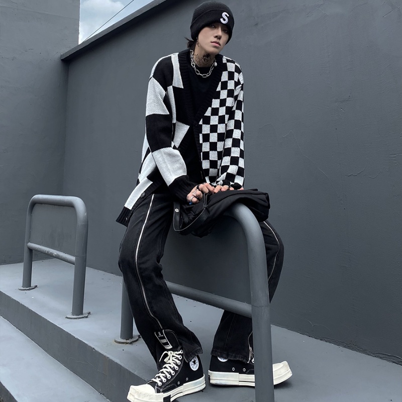 ✦AFFLIGA✦ Áo Khoác Cardigan Dệt Kim Dáng Rộng Họa Tiết Sọc Caro Trắng Đen Phong Cách Đường Phố Đơn Giản Thời Trang Xuân Thu Cho Nam Và Nữ