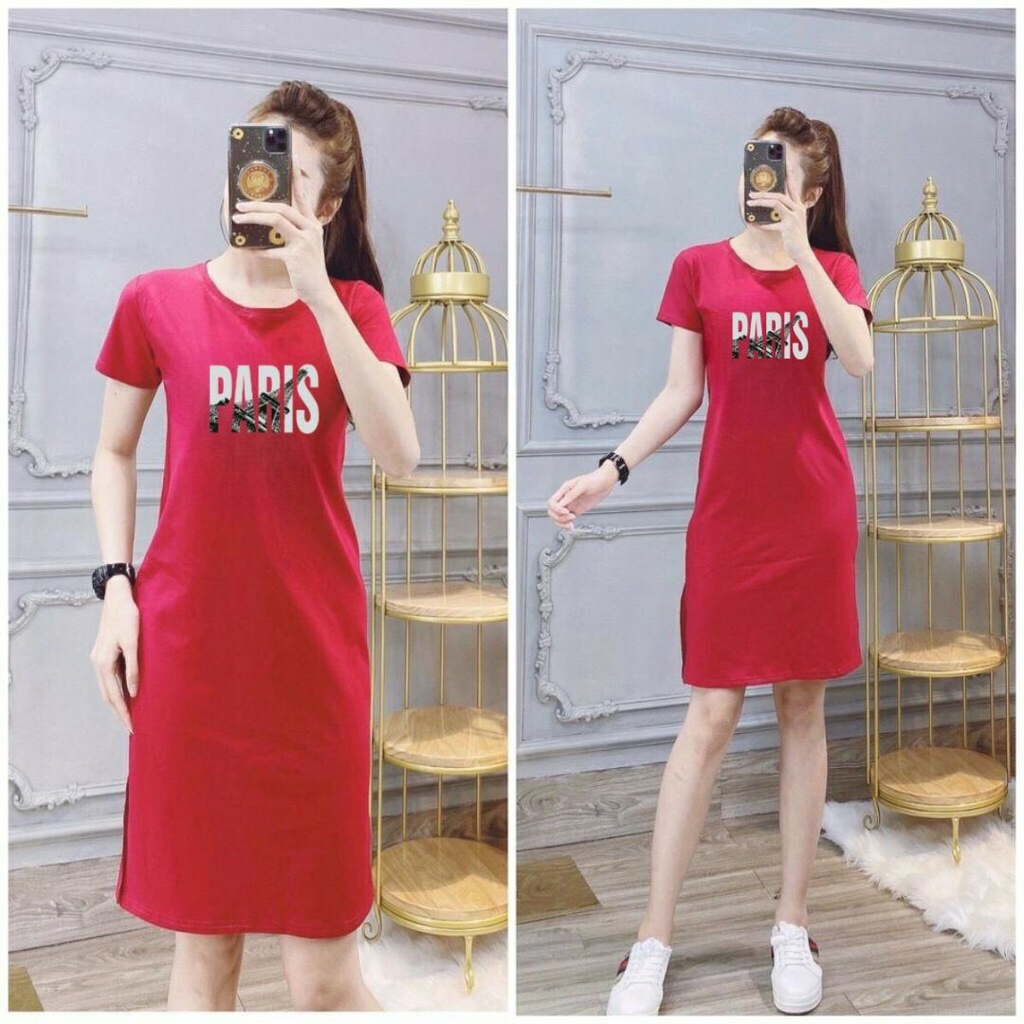 Đầm suông thun cotton 4 chiều cổ tròn in chữ Paris mặc tôn dáng từ 40-56kg ( D102 )