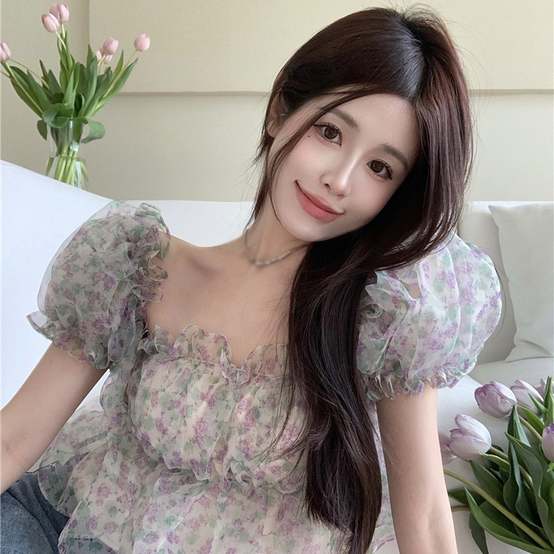 Áo Crop Top Tay Phồng Ngắn Họa Tiết Hoa Phong Cách Hàn Quốc Thời Trang Cho Nữ
