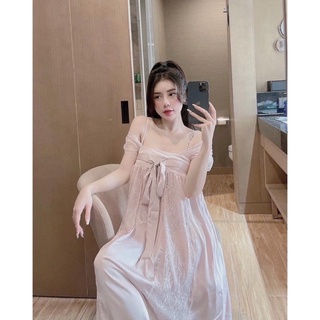 VÁY NGỦ LỤA PHỐI REN TÍM NƠ XINH