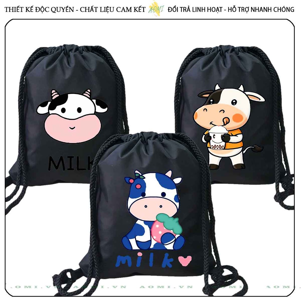 BALO MINI BO SỮA MILK COW AOMIVN DÂY RÚT ĐEO VAI 33x38cm NHỎ XINH UNISEX CHẤT CANVAS CUTE TIỆN ÍCH DU LỊCH ĐEN TRẮNG