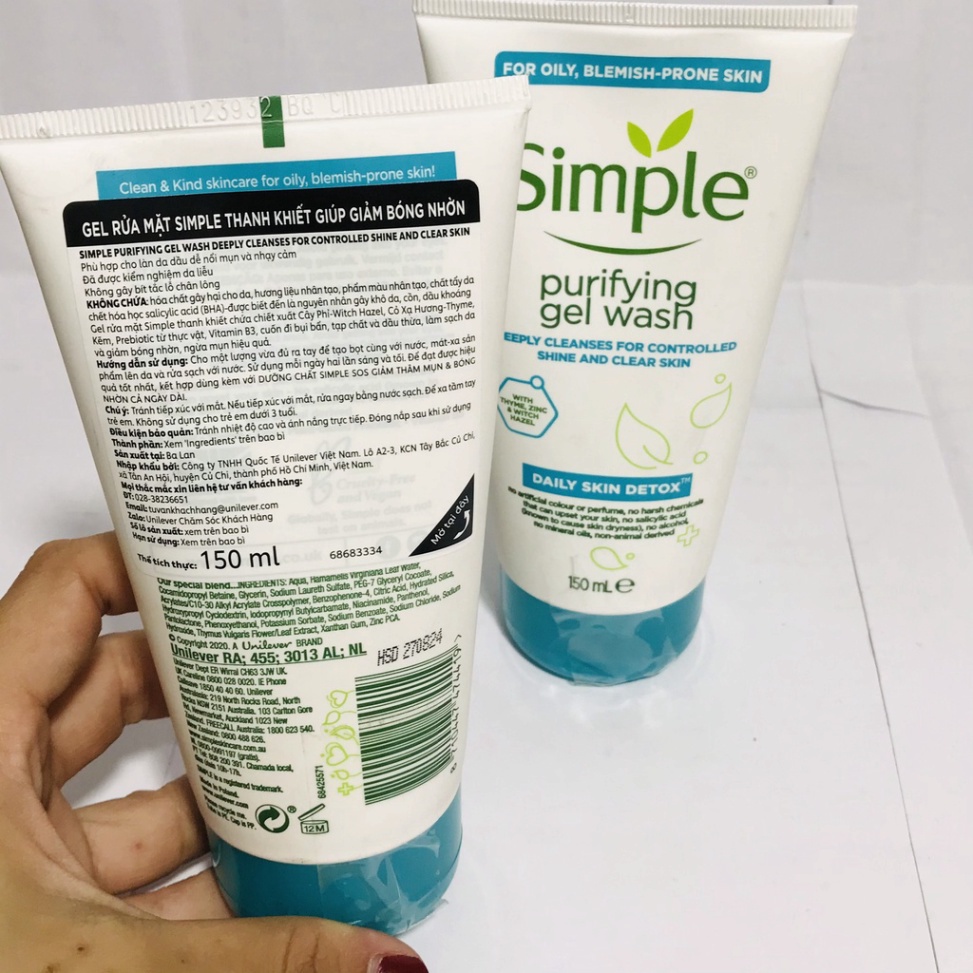 Sữa Rửa Mặt Simple Kiềm Dầu, Ngừa Mụn Cho Da Mụn 150ml Purifying Gel Wash