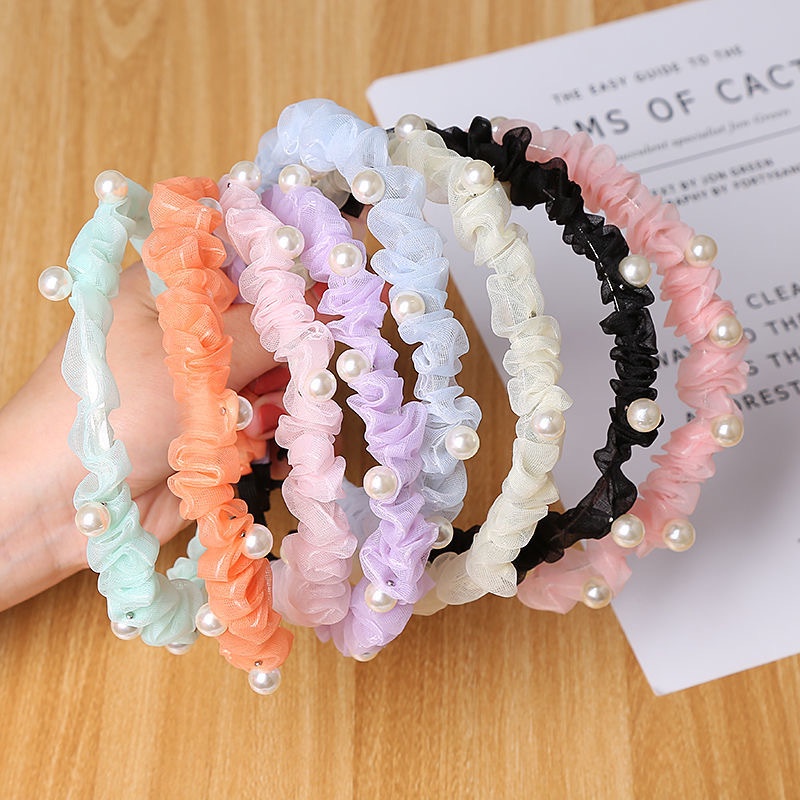 Băng Đô Chiffon Phối Ren Đính Ngọc Trai Dễ Thương Xinh Xắn