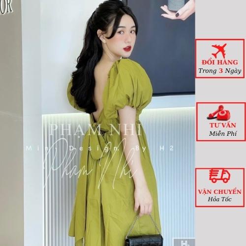 Váy thô nữ xanh babydoll tiểu thư tay phồng cổ vuông nơ lưng ulzzang Hàn Quốc yolo fashion