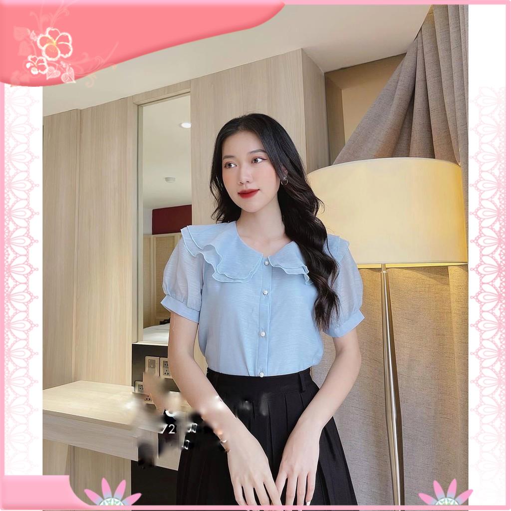 Áo sơ mi cổ sen 2 lá nằm dáng cộc tay cúc ngọc chất tơ xước - áo sơ mi công sở nữ