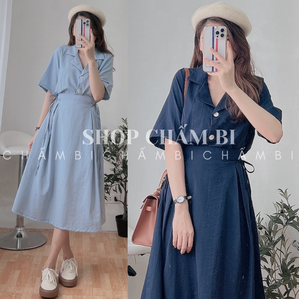 Set váy nữ cổ điển S.075, Set áo cộc tay cổ vest dáng ngắn cùng chân váy chữ A dáng dài lưng chun buộc nơ hông cực xinh