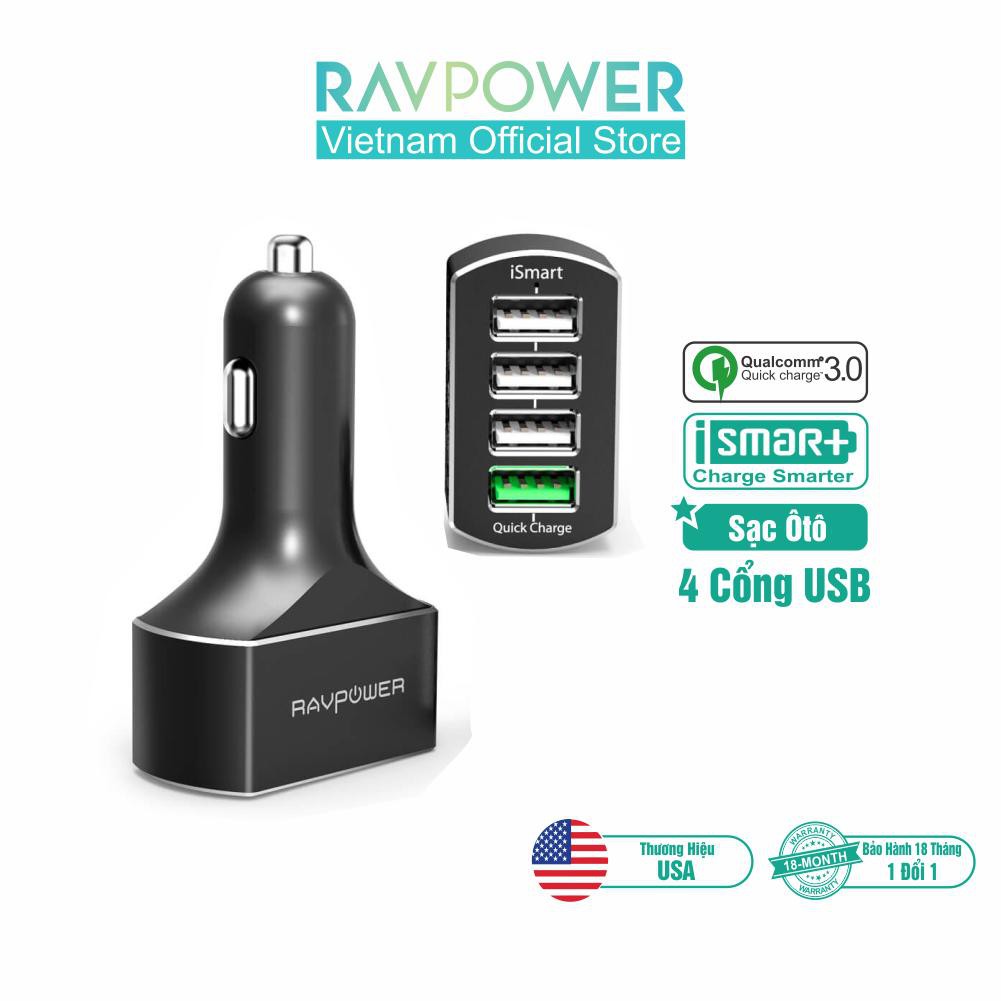 Củ Sạc Điện Thoại Trên Ô Tô Xe Hơi RAVPower 4 Cổng 54W, Quick charge 3.0 - RP-VC003