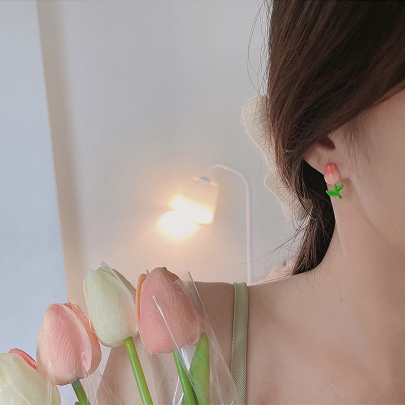 Bông Tai Mạ Bạc 925 Hình Hoa tulip Hồng Dễ Thương Phong Cách Hàn Quốc