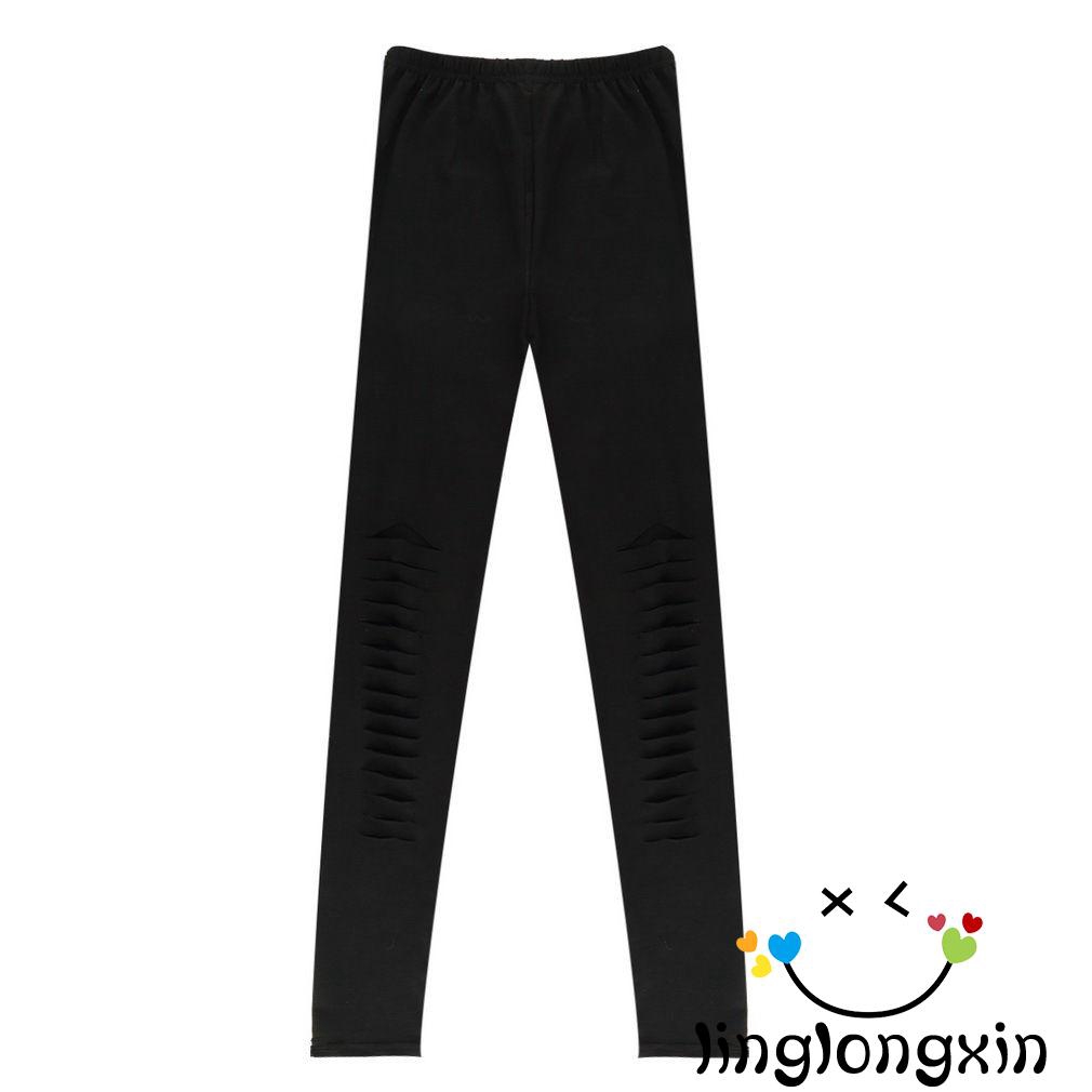 Quần legging dài lưng cao dáng ôm thiết kế rách lỗ thời trang cho nữ