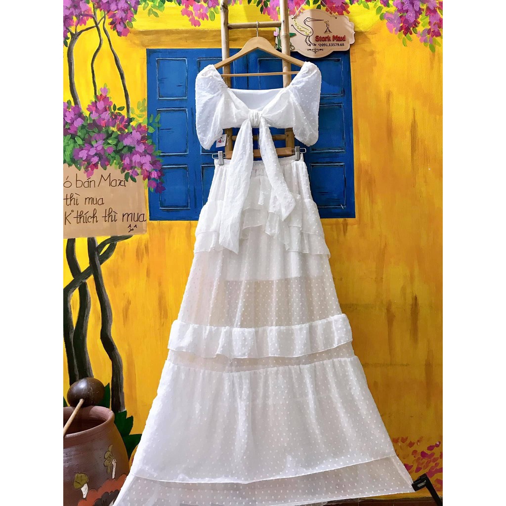 Set váy maxi siêu sống ảo cột nơ ngực với chân váy xòe tầng dáng dài dễ thương thời trang XUKA-DRESS MT036 chất Voon