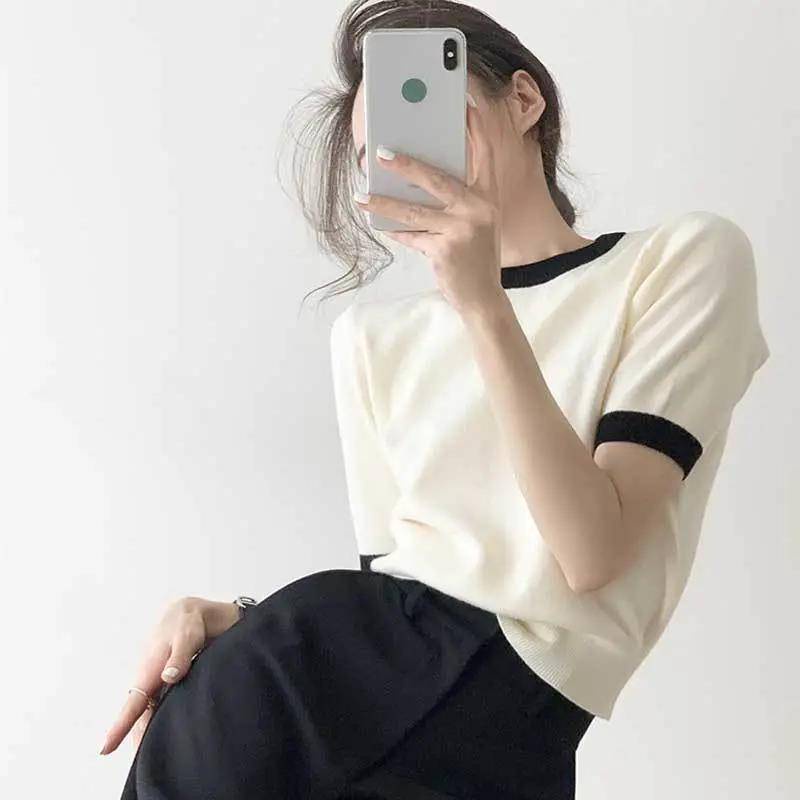 Áo Sweater Tay Ngắn Cổ Tròn Màu Sắc Tương Phản Phong Cách Retro
