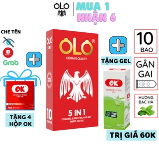 Bao cao su OLO 5IN1 GÂN GAI 10 bao/hộp kéo dài thời gian tinh dầu bạc hà siêu mỏng chống tuột