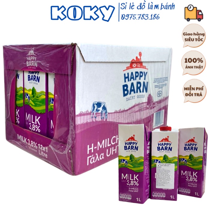 (BÁN SỈ) Thùng 12 hộp sữa Happy Barn 1L nhập khẩu Ba Lan béo 3.8%