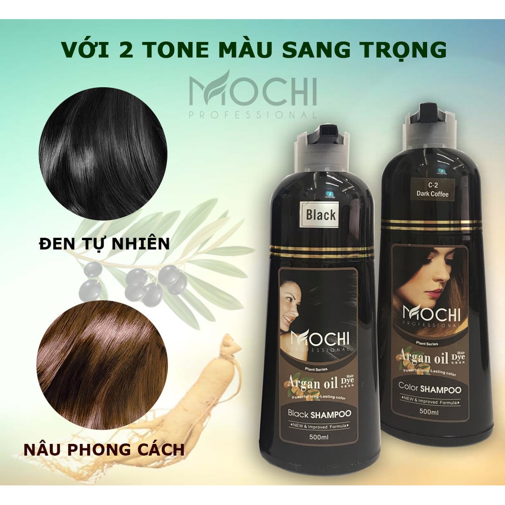 Dầu Gội Phủ Bạc Mochi 500ml - lên Màu Đen/Nâu Hạt Dẻ vừa giúp tóc khỏe, óng mượt - chính hãng