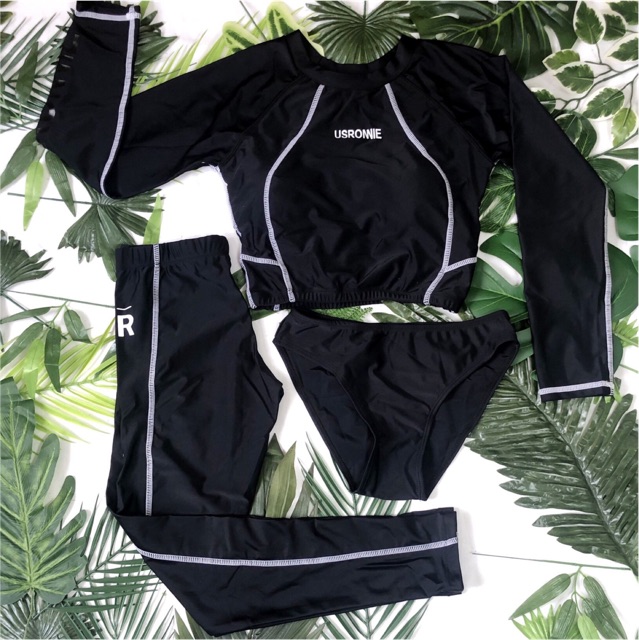 Bikini tay dài áo croptop quần dài cạp cao viền chỉ trắng | BigBuy360 - bigbuy360.vn