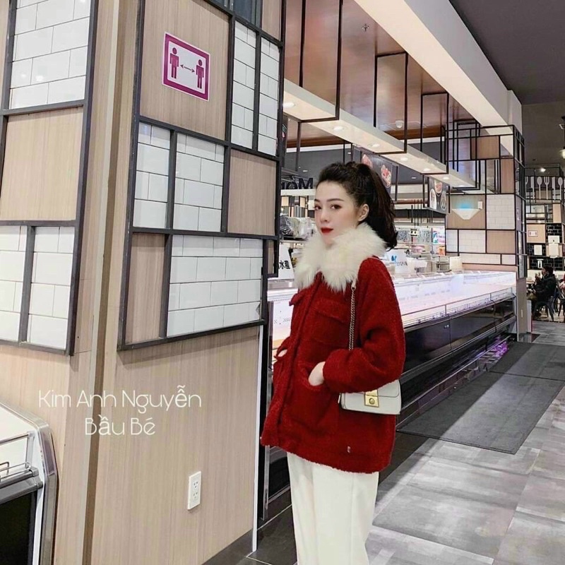 Áo Khoác Dạ Đỏ Cổ Lông