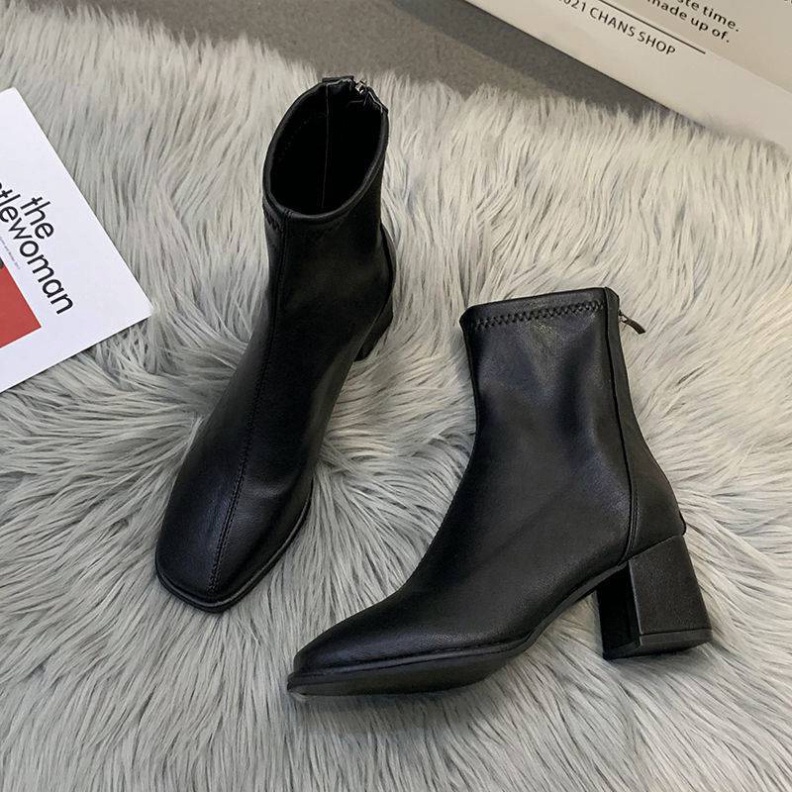 Giày bốt da cổ cao đế cao dày mũi tròn, Giầy boot Martins cao gót Anh Quốc thời trang dành cho nữ Full Box