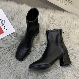 Giày bốt da cổ cao đế cao dày mũi tròn, Giầy boot Martins cao gót Anh Quốc thời trang dành cho nữ Full Box