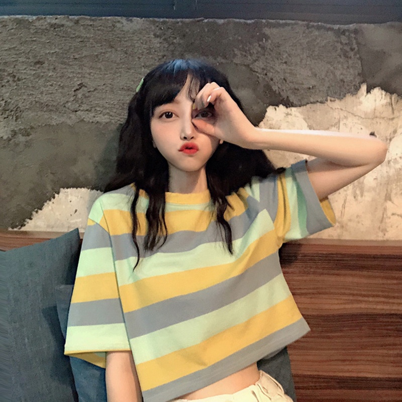 Áo Thun Crop Top Tay Ngắn Cổ Tròn Họa Tiết Kẻ Sọc Màu Cầu Vồng Phong Cách Harajuku Thời Trang Cho Nữ