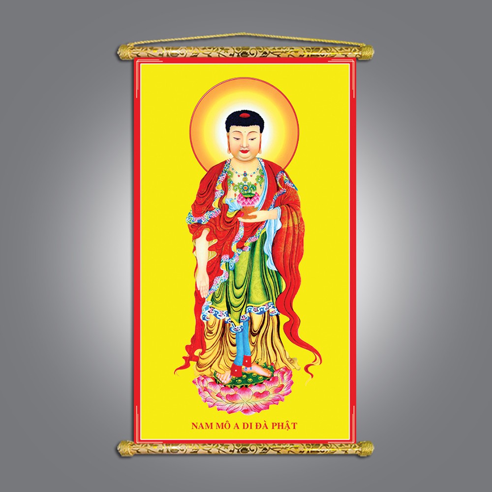 Tranh Liễn Phật Giáo - Tranh Phật A Di Đà Nhiều mẫu lựa chọn, Vải canvas nẹp sáo gỗ, kích thước 40 cm x 70 cm