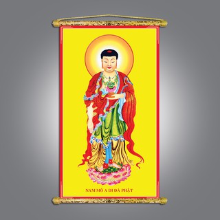 Tranh Liễn Phật Giáo - Tranh Phật A Di Đà Nhiều mẫu và nhiều size lựa chọn, Vải canvas nẹp sáo gỗ tự nhiên- giá xưởng