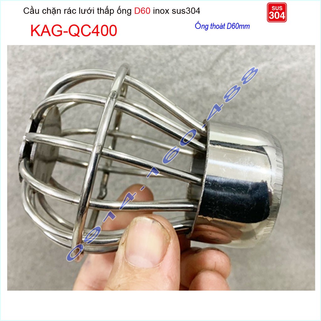 Cầu chắn rác lưới đế thấp KAG-QC400 -ống D60, Cầu thoát nước mưa SUS304 inox dày cao cấp