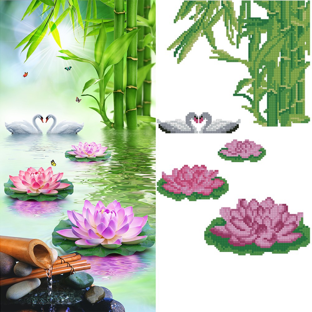 Bộ tranh đính đá 5D tự làm hình hình cặp thiên nga và hoa sen tuyệt đẹp treo trang trí kèm phụ kiện | BigBuy360 - bigbuy360.vn