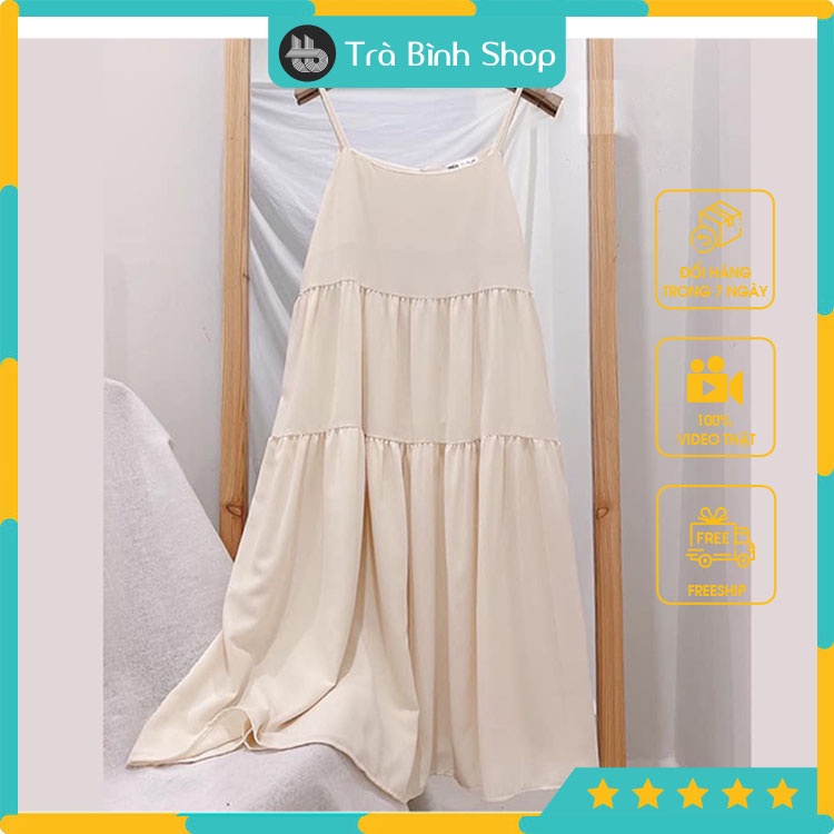 Đầm Hai Dây Chất Đũi Mát Váy Suông Dáng Dài 3 Tầng Thích Hợp Đi Chơi Đi Biển