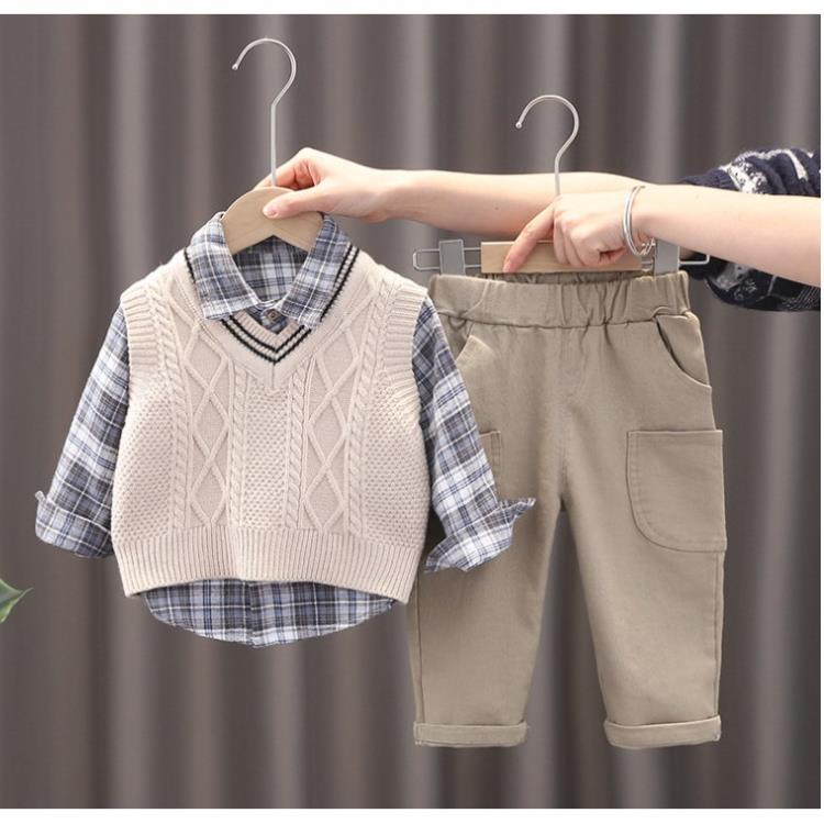 Set 3 Món Áo Gile Len và Quần Kaki Áo Sơ mi kẻ Hàng Quảng Châu Cao Cấp Xuất Hàn Cho Bé Trai