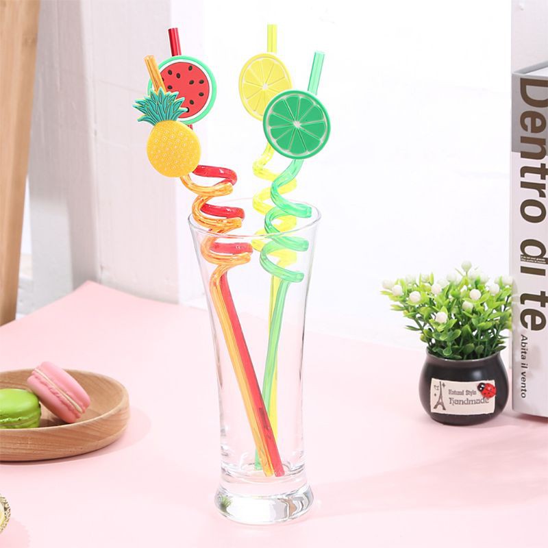 Bộ 4 ống hút xoắn bằng nhựa gắn hình trái cây kích thước 26x0.6cm