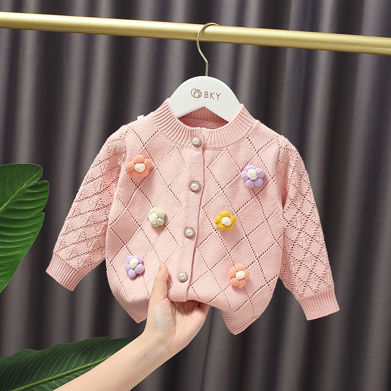 Áo Khoác Cardigan Dệt Kim Tay Dài Cổ Tròn In Hoa Dễ Thương Cho Bé Gái 1-5 Tuổi B203