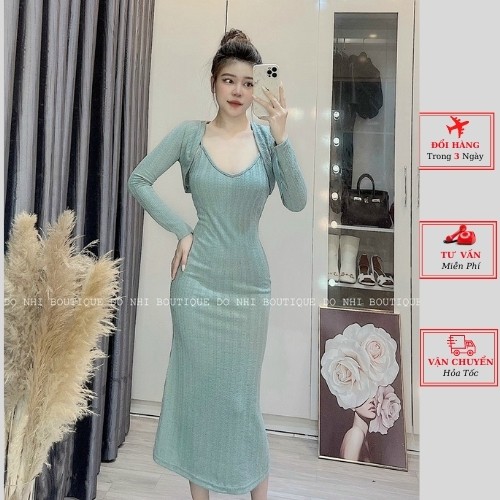 Set đầm body nữ 2 dây maxi dáng dài kèm áo khoác cardigan mùa thu đông ulzzang Hàn Quốc cao cấp