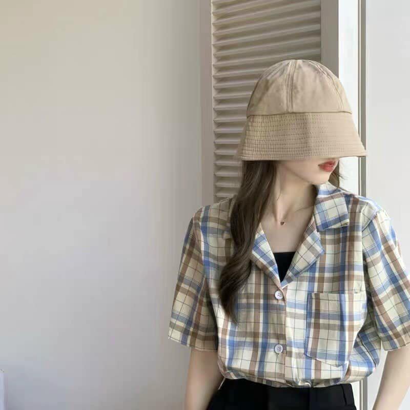Áo sơ mi tay lỡ kẻ caro hot trend form rộng kiểu dán chất đẹp mặc siêu mát basic oversize mặc cùng chân váy siêu đẹp