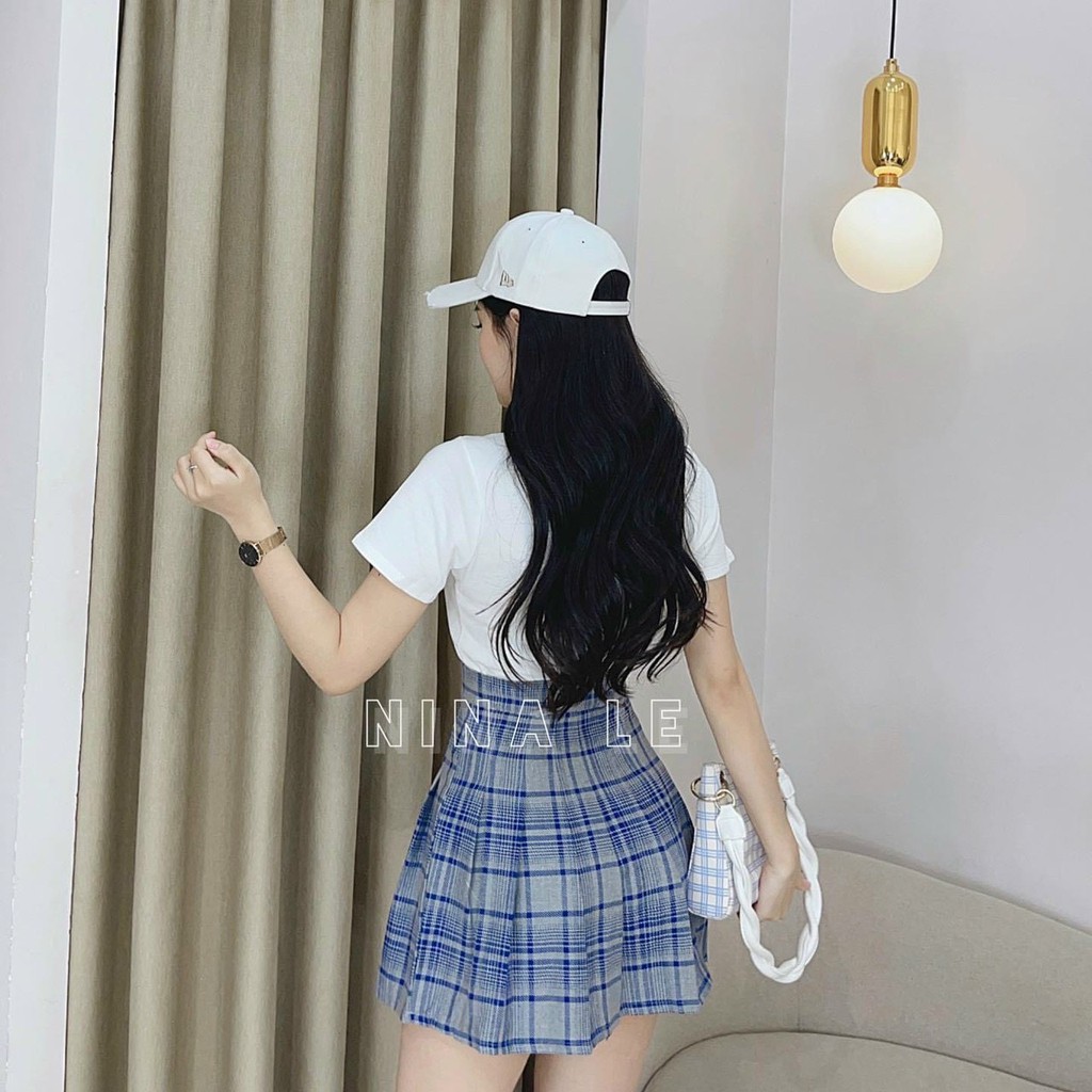 SET PULL TRẮNG CỔ POLO + CHÂN VÁY CARO XẾP LY