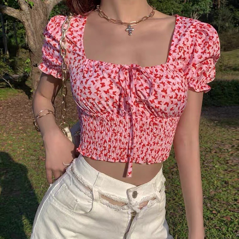 (Có Sẵn) Áo Croptop cổ vuông họa tiết butterfly thời trang mùa hè dành cho nữ Minipie
