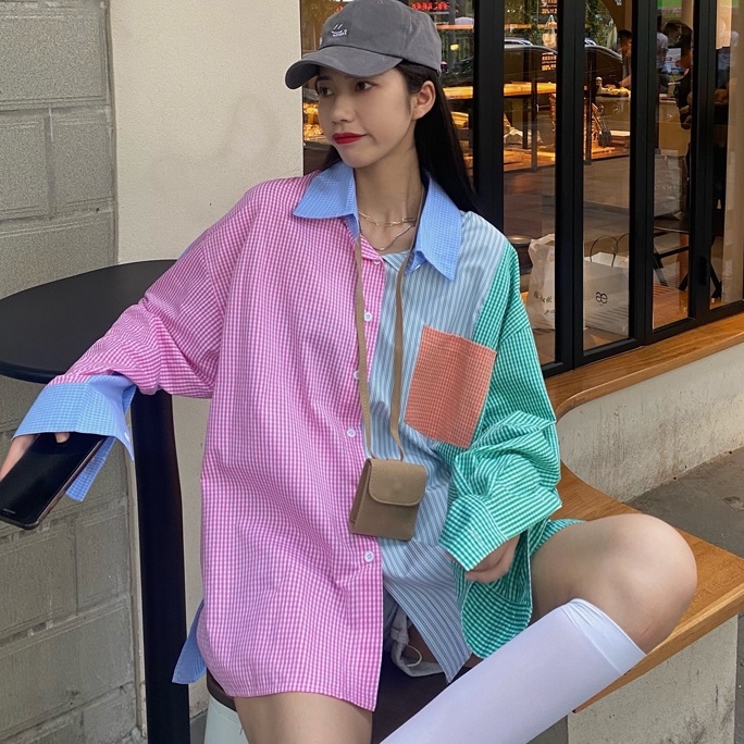 Áo sơ mi tay dài phối màu tương phản phong cách Hàn Quốc dành cho nữ