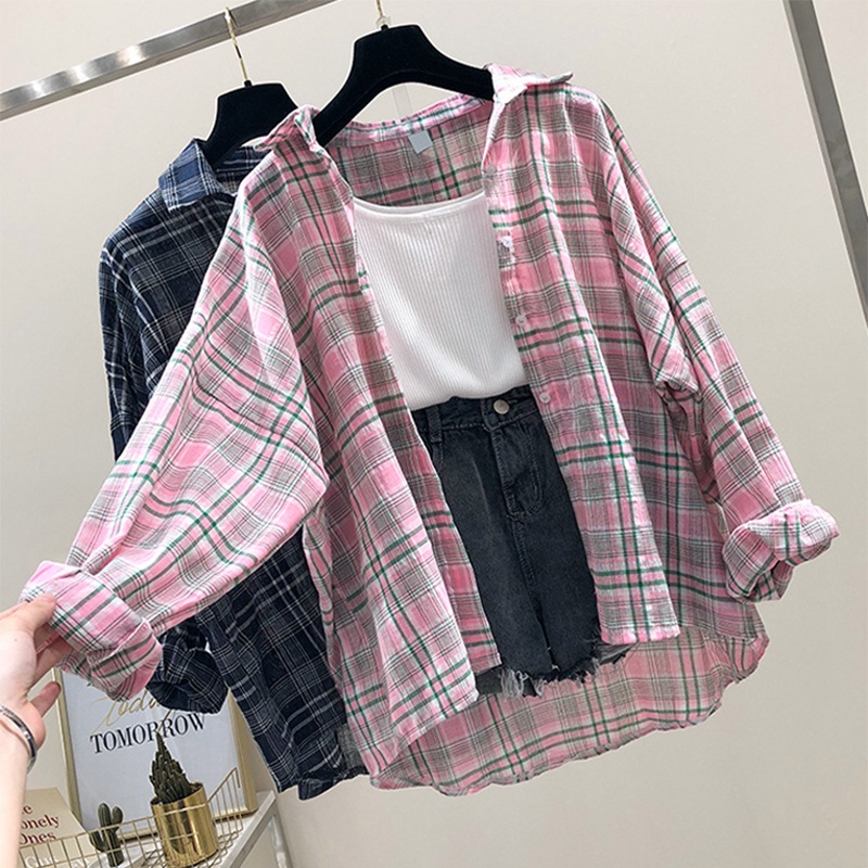 Áo Khoác Cardigan Vải Chiffon Mỏng Tay Dài Chống Nắng In Họa Tiết Caro Cho Nữ