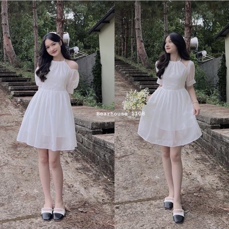 Váy trễ vai dây cổ yếm chất mềm mịn hàng 2 lớp HOTTREND - Đầm nữ trắng vintage tiểu thư công chúa
