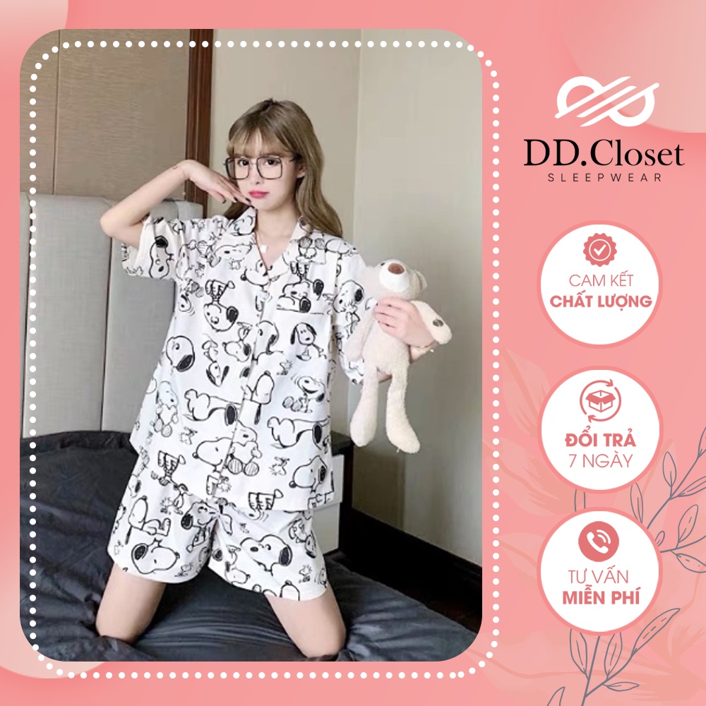Bộ đồ ngủ pijama nữ cộc tay quần đùi chất lụa Kate Thái mềm mịn màu trắng họa tiết chó snoopy siêu đáng yêu - CD0022