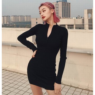 Đầm ôm body duly clothing tay dài khóa kéo thun gân cá tính