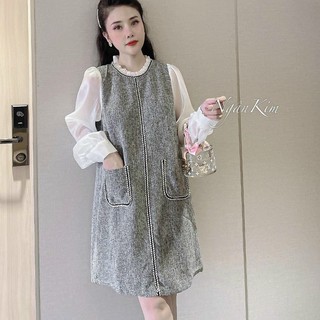 váy suông dài tay phối trắng 2 túi hộp điệu đà chất xước