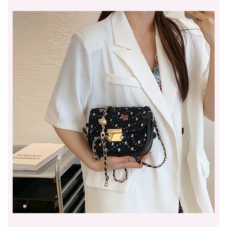 Túi Đeo JASMIN NOIR Chéo Vải Canvas Nắp Gập Phối Dây Xích Thời Trang Cho Nữ