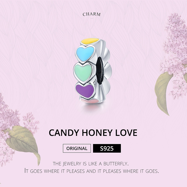 Hạt phụ kiện Bamoer SCC1838 bằng bạc 925 thật với họa tiết trái tim đầy màu sắc dành cho làm vòng tay vòng cổ