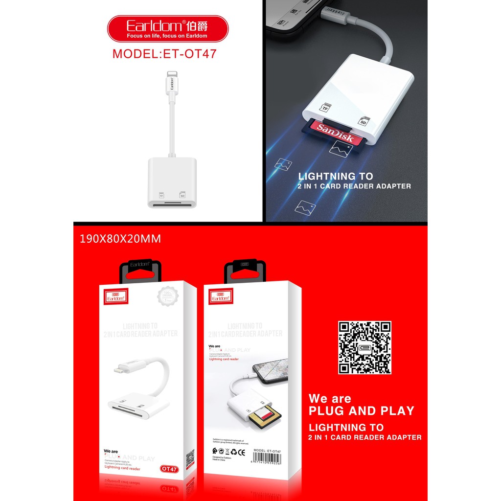 [Mã ELORDER5 giảm 10K đơn 20K] Đầu đọc thẻ nhớ dành cho iPhone, iPad Earldom ET-OT47 - Hỗ trợ thẻ MicroSD và SD