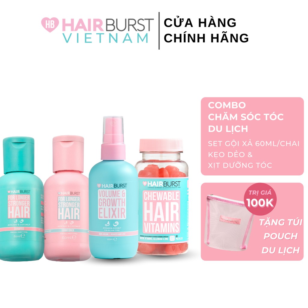 Combo chăm sóc tóc set gội xả travel + xịt dưỡng + kẹo dẻo Hairburst 60ml/chai + 125ml + 60 viên