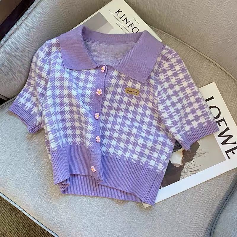 Áo Sweater Ngắn Tay Họa Tiết Sọc Caro Phong Cách Hàn Quốc Thời Trang Mùa Hè Cho Nữ