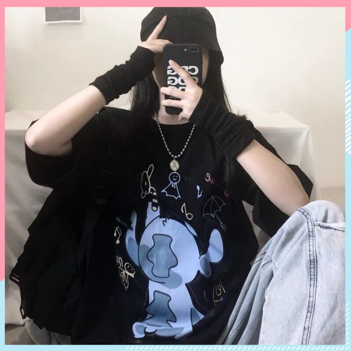 Áo thun unisex tay lỡ form rộng, áo phông nam nữ form rộng chất mát mịn thấm hút mồ hôi in hình STITCH