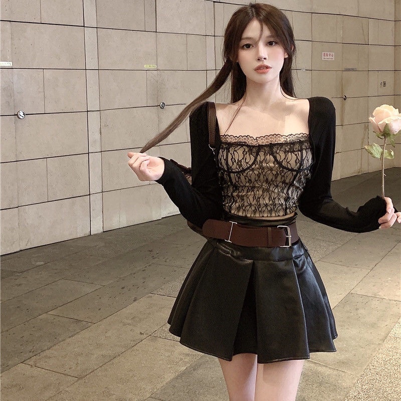 Set áo croptop ren dài tay + chân váy xoè da kèm nịt