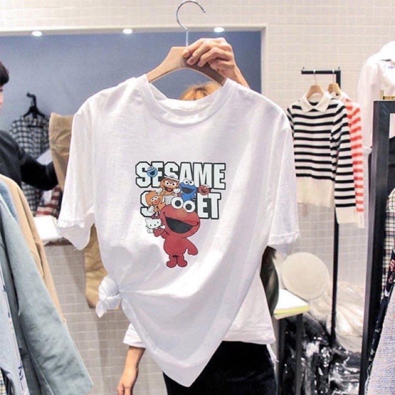 Áo thun giấy form rộng trắng in hình đơn giản cổ tròn tay ngắn