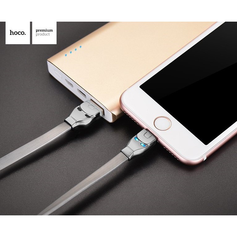 Cáp sạc Iphone HOCO U14 Steel Iron Man, dây dẹt 1.2M, có đèn báo LED xanh | USB to Lightning